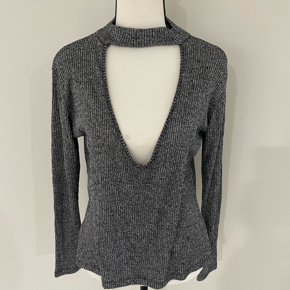 Gray Long Sleeve Cut Out Blouse